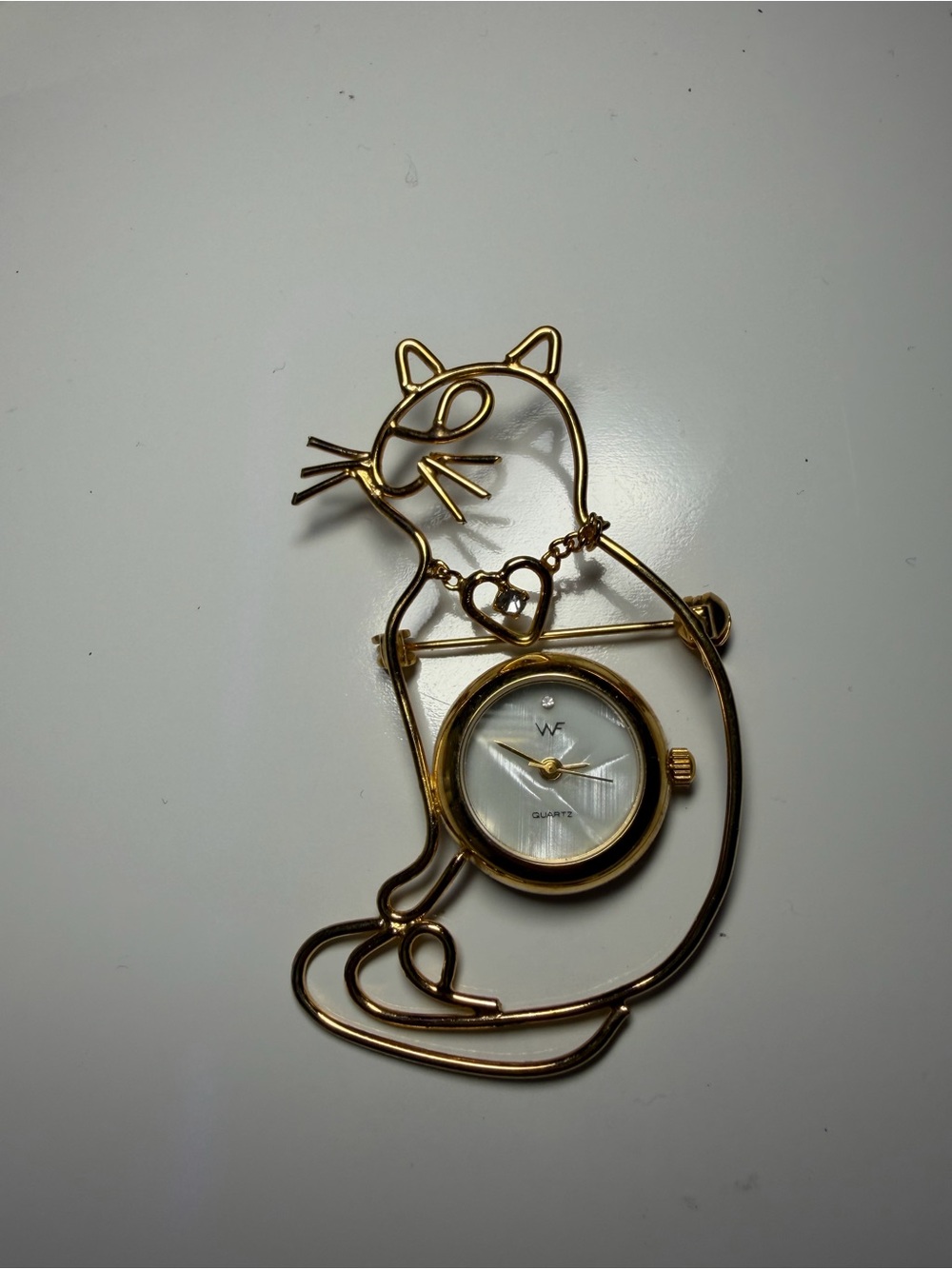 Gold Cat Wireframe Watch Brooch with Heart Accent